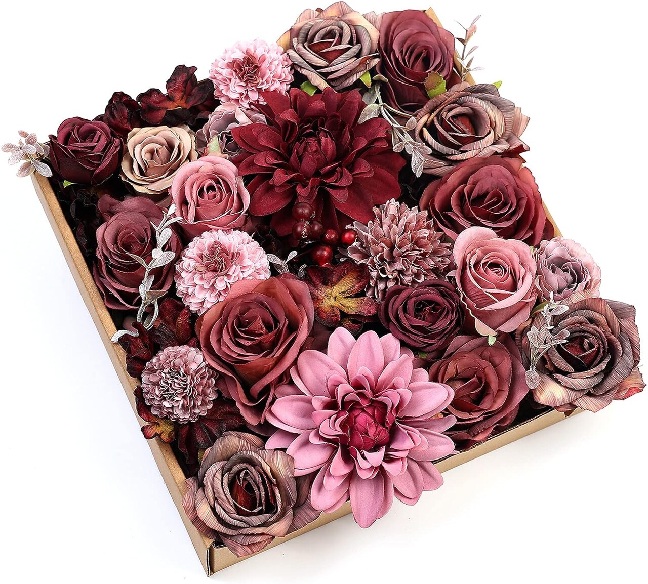 25pcs Silk Fake Flowers Roses for DIY Wedding Bouquets Burgundy Centerpieces